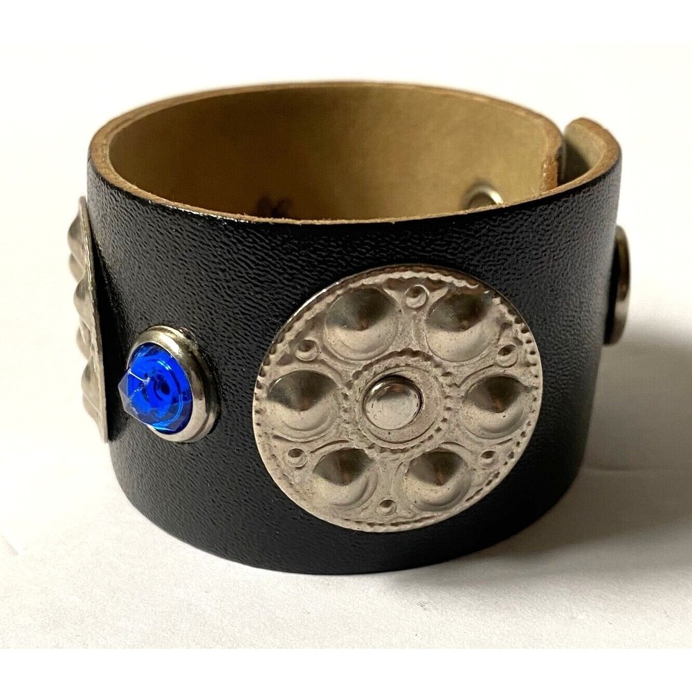 Bracelet Leather Small Multicolor Vintage 1980s Plastic Gems Metal Accents - Picture 5 of 15